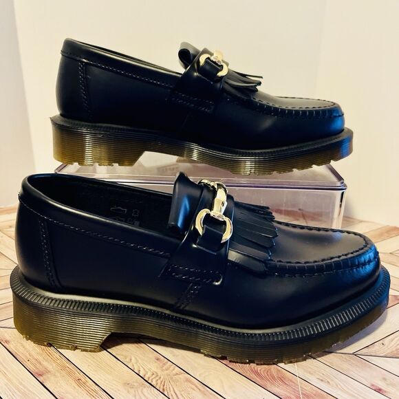 Dr Martens Adrian Snaffle Black Smooth Leather Loafers M 4 W 5 Kiltie Gold Bit - Picture 2 of 10